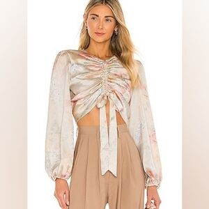 Bardot Dulce Top  Satin Floral Blouse in Cream and Pink Cropped Small